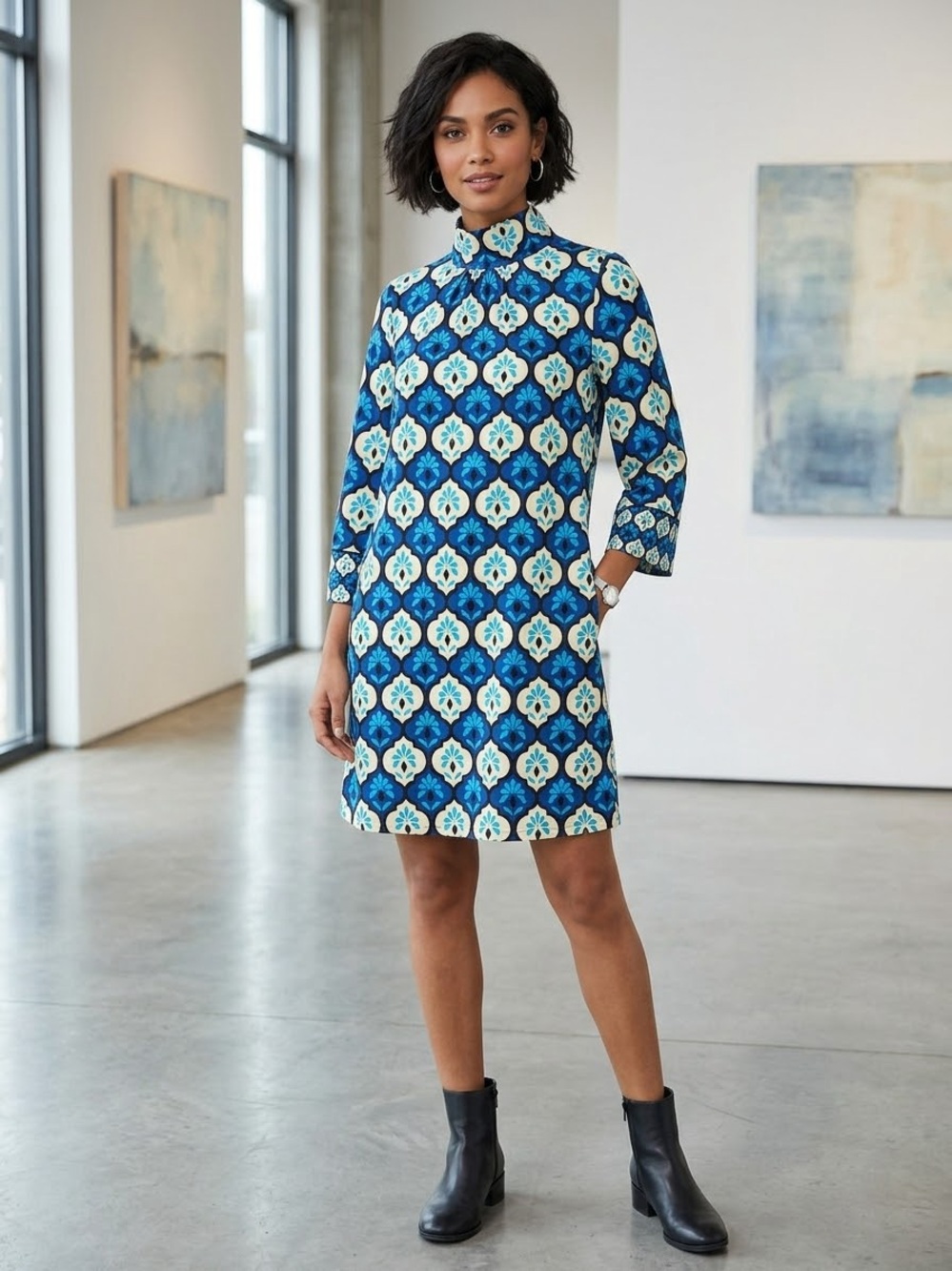 Zara Retro Blue Printed High-Neck Shift Dress